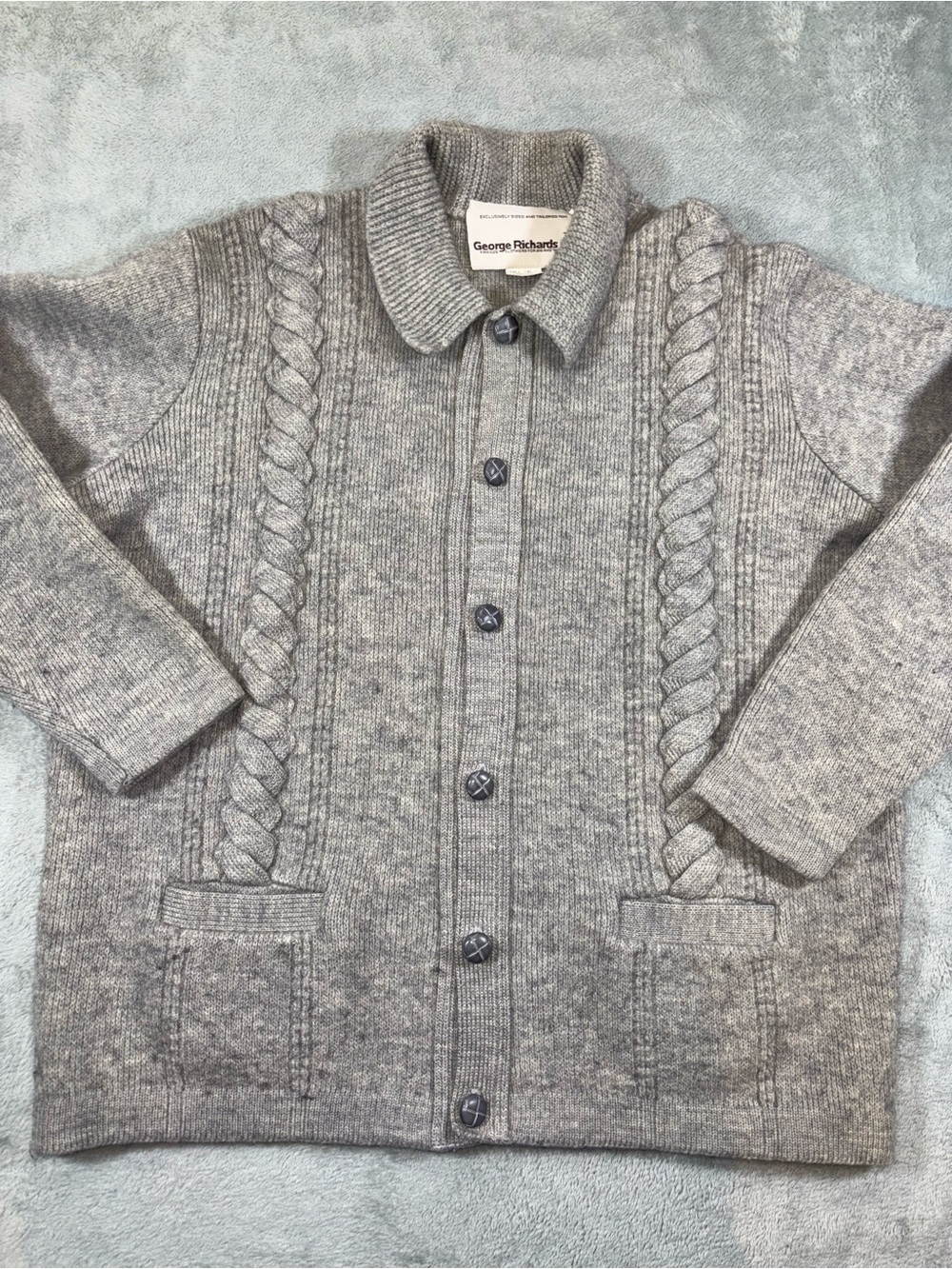 Vintage George Richards 100% Wool Knit Cardigan Sweater Men's 3XL Grey